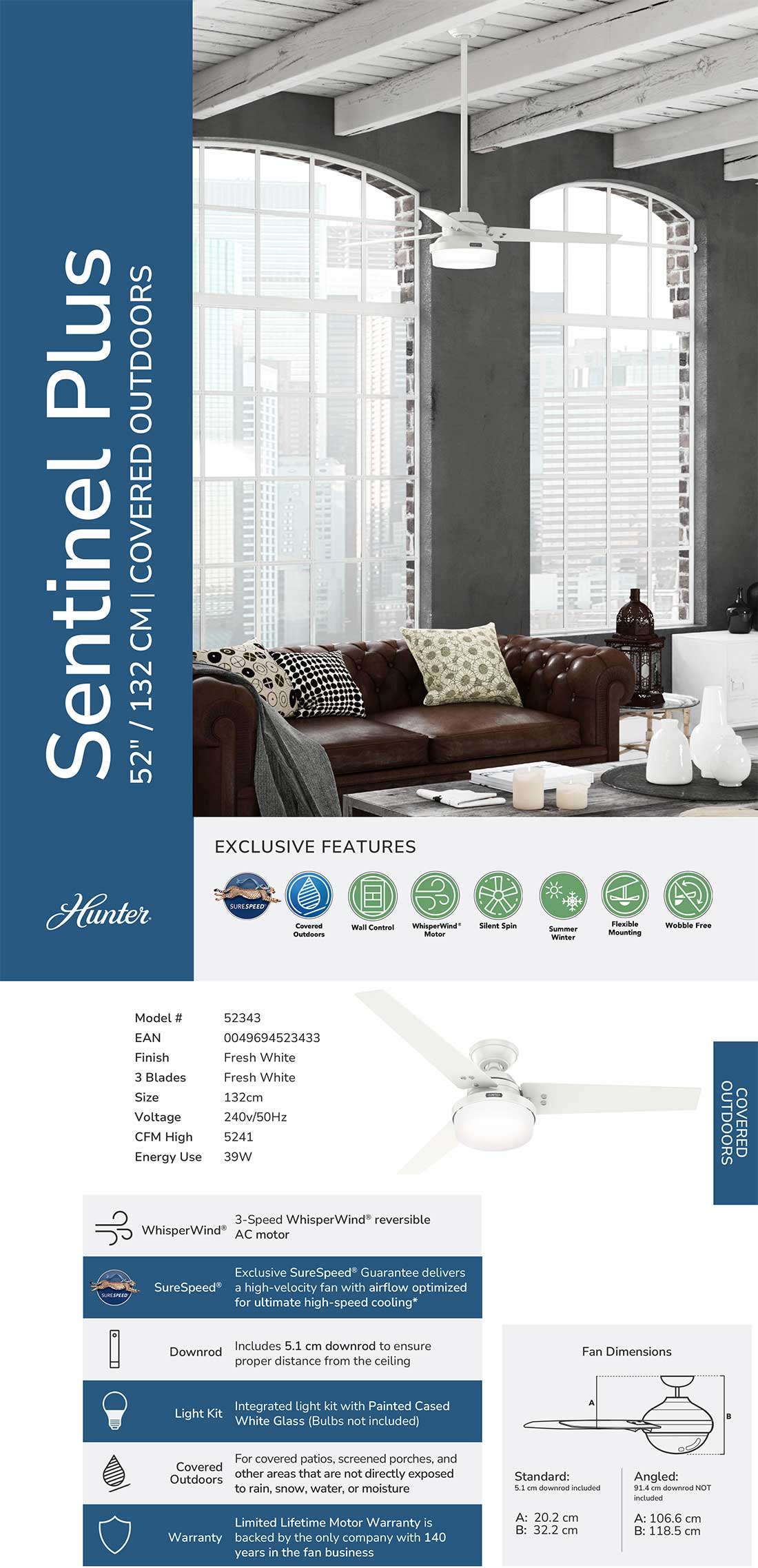 Hunter Sentinel Plus WH ανεμιστήρας οροφής 132 cm Hunter Sentinel Plus WH ανεμιστήρας οροφής 132 cm με φωτιστικό